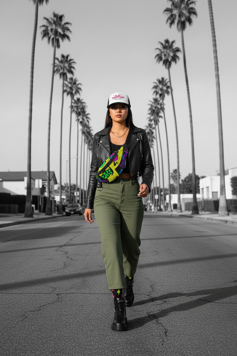 Asian Female — Play Brother Trucker + Skull Bag + Lug Boots