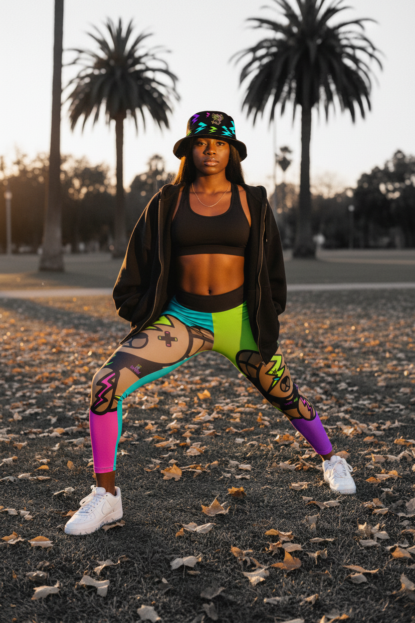 Black Female — Ruined Bear Yoga Pants + Sports Bra + Open Hoodie — Fall Yoga