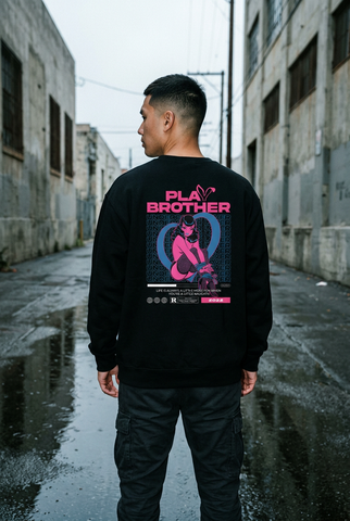 Black Play crewneck back-graphic editorial