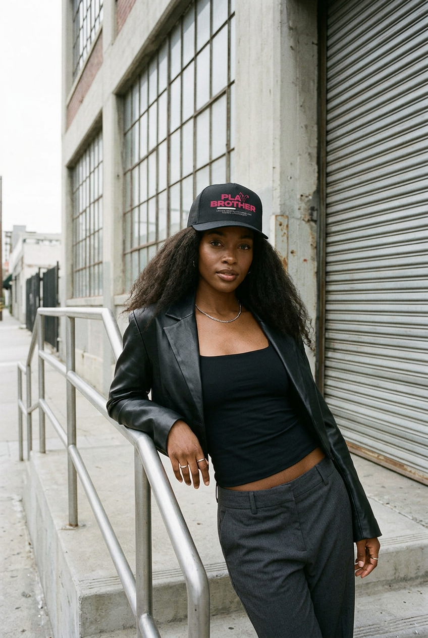 Black Play hat industrial fashion editorial