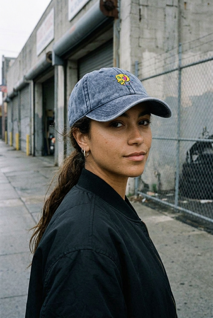 Blue denim Skull hat, long-haired women's front editorial