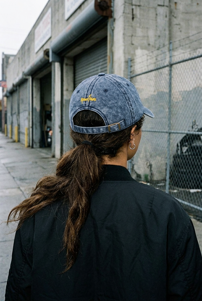Blue denim Skull hat, long-haired women's rear editorial