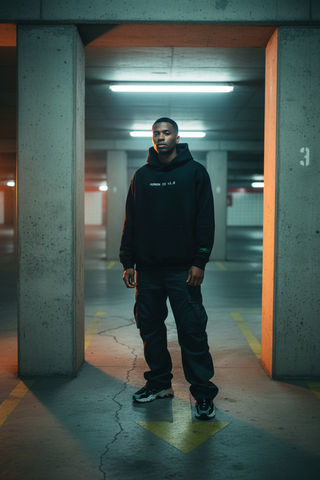 Boxy Hoodie between concrete pillars, male model