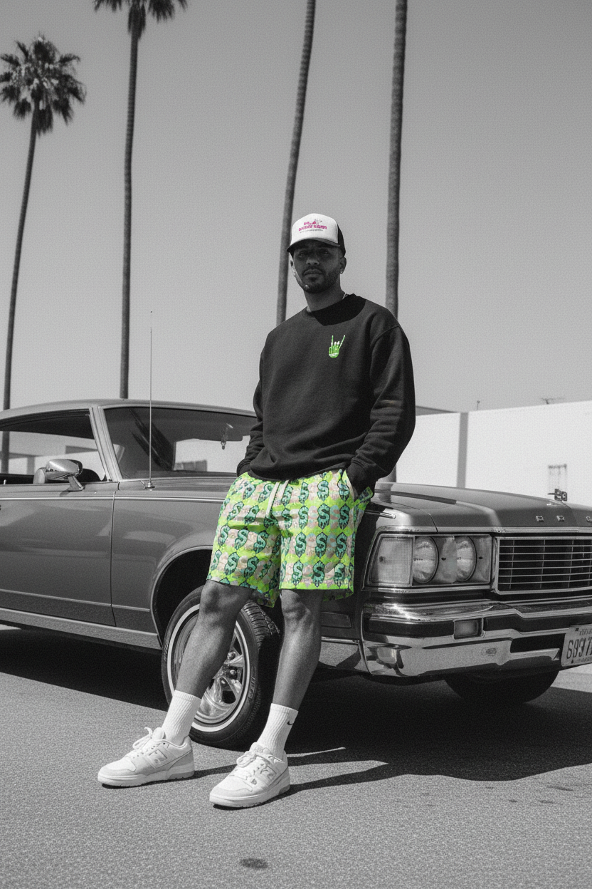 Dominican Male — $Drip Dollar Sign Shorts + Skull Crewneck + Play Brother Trucker