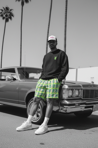 Dominican Male — $Drip Dollar Sign Shorts + Skull Crewneck + Play Brother Trucker