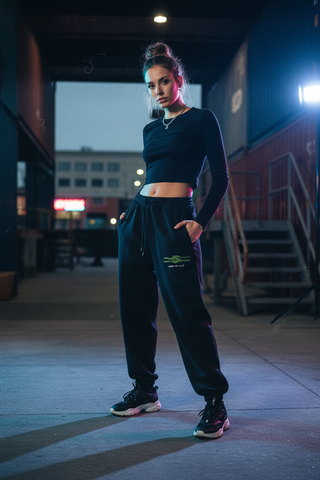 HUMAN OS sweatpants with crop top, loading dock at dusk