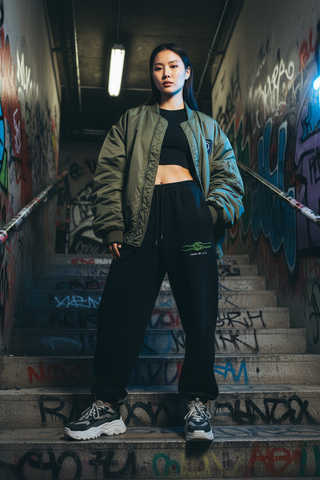 HUMAN OS sweatpants with oversized bomber, graffitied stairwell