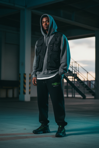 HUMAN OS sweatpants with oversized hoodie, loading dock at dusk