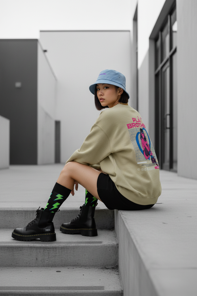 Korean Female — Play Brother Crewneck (3/4 back) + Mini Skirt + Lug Boots + DOTL Bucket