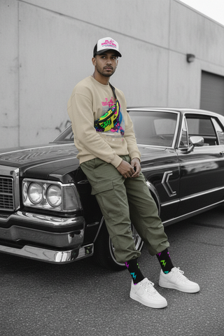 Look 3 — Mixed Male: Play Brother Trucker + Play Crewneck + Skull Bag + Neon Socks