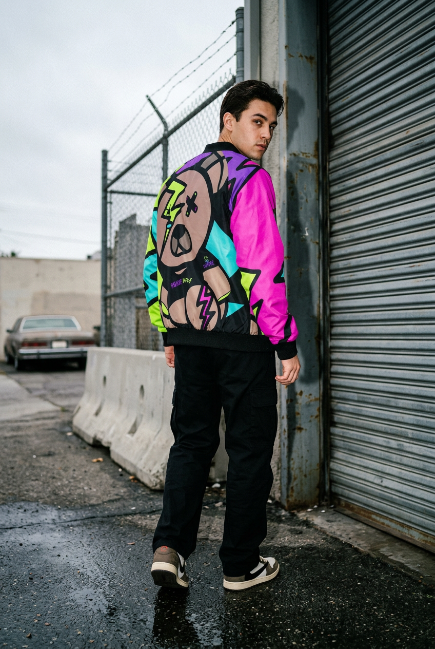 Men's Ruined Bear bomber back editorial