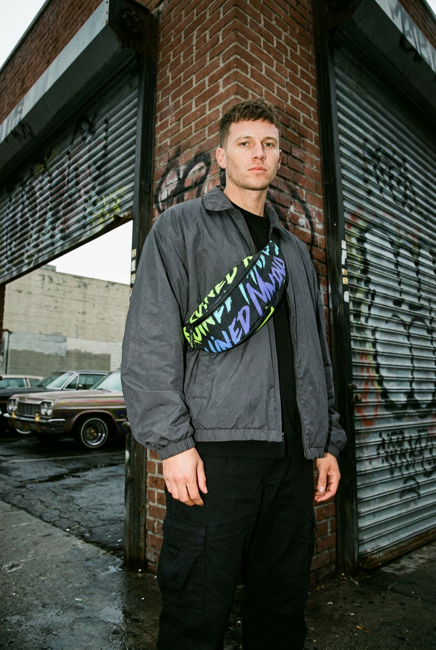 Neon crossbody men's streetwear editorial