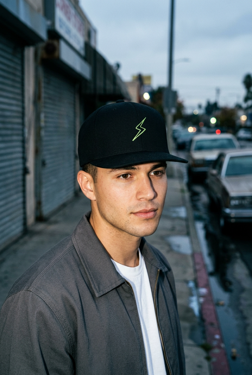 Neon Green Bolt snapback men's street editorial
