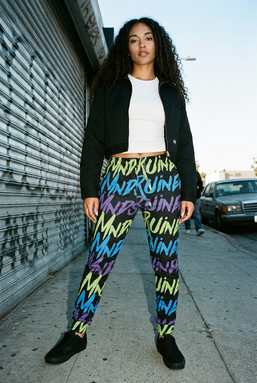 Neon joggers women's streetwear editorial