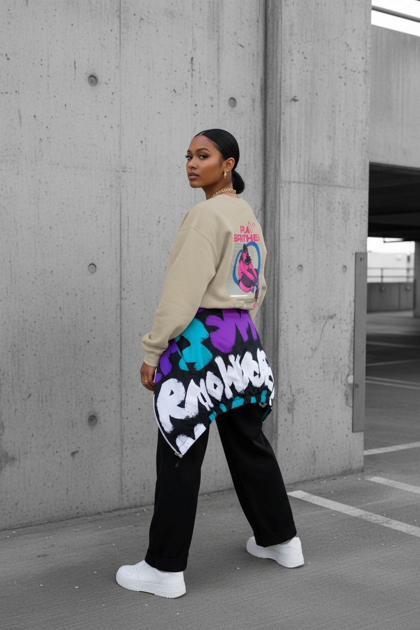 Play Brother Crewneck + Graffiti Windbreaker - Female Editorial