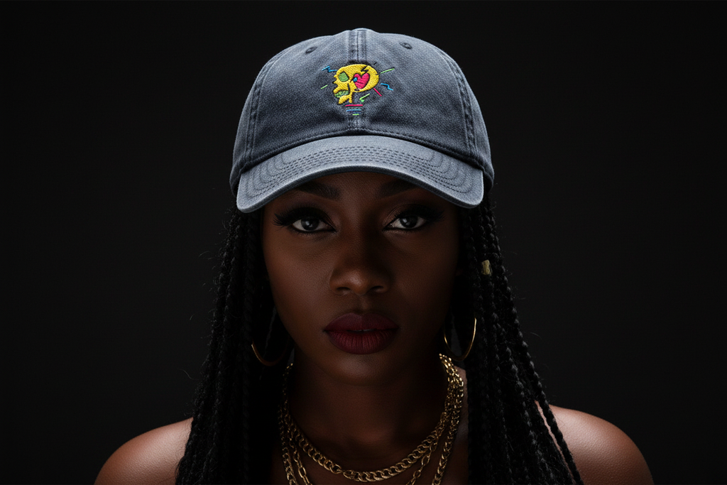 RM Skull Denim Dad Hat Close-Up