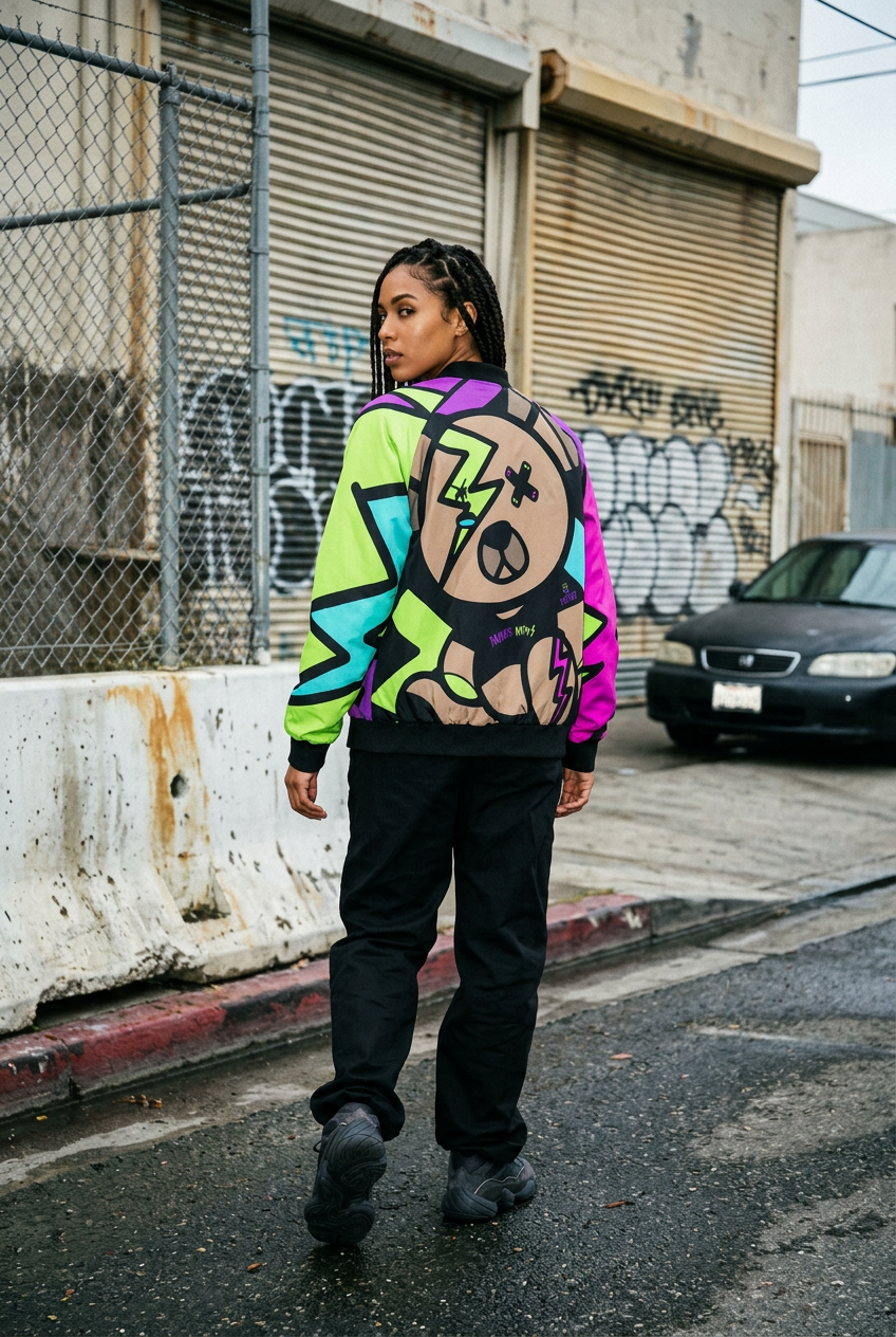 Ruined Bear bomber back, art-directed street editorial