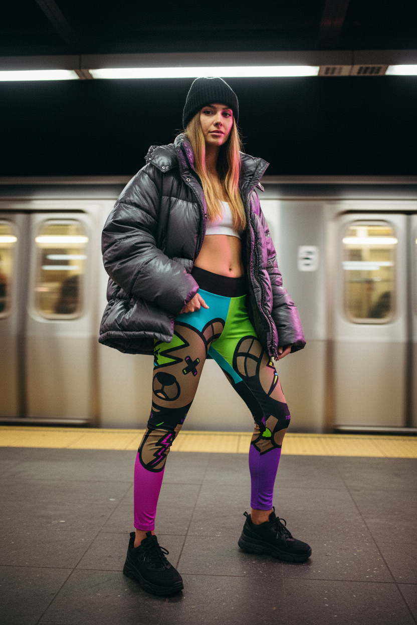 Ruined Bear yoga pants, subway platform