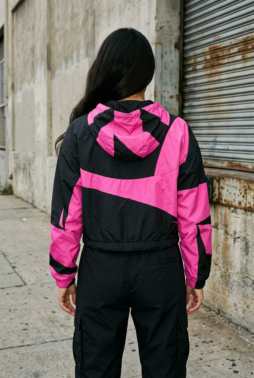 Skull cropped windbreaker rear editorial using product back reference