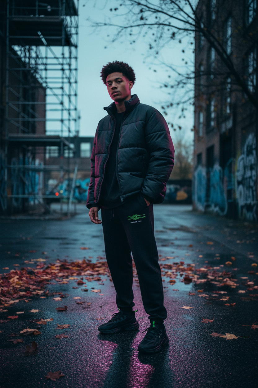 Sweatpants with puffer, male model