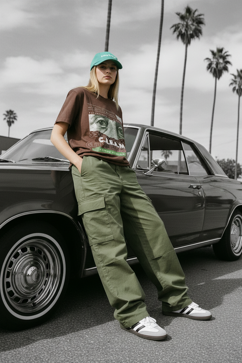 White Female — C.R.E.A.M Chocolate Tee + Olive Cargo + Hustle Hat